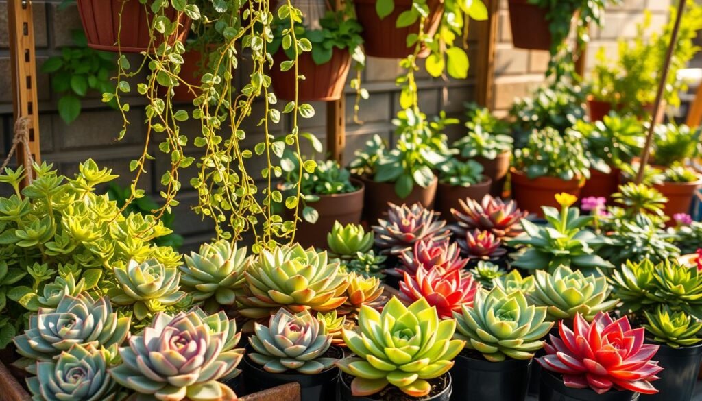 A lush, well-lit container garden featuring a variety of thriving, eye-catching plants. In the foreground, a collection of colorful potted succulents, their rosette shapes and varied hues creating a visually striking composition. In the middle ground, trailing vines cascade from hanging baskets, their delicate foliage providing a sense of softness and movement. The background features a mix of potted herbs, leafy greens, and compact flowering plants, creating a harmonious blend of textures and tones. The overall scene is bathed in warm, natural lighting, conveying a sense of vibrancy and growth, perfectly suited for a flourishing container garden.