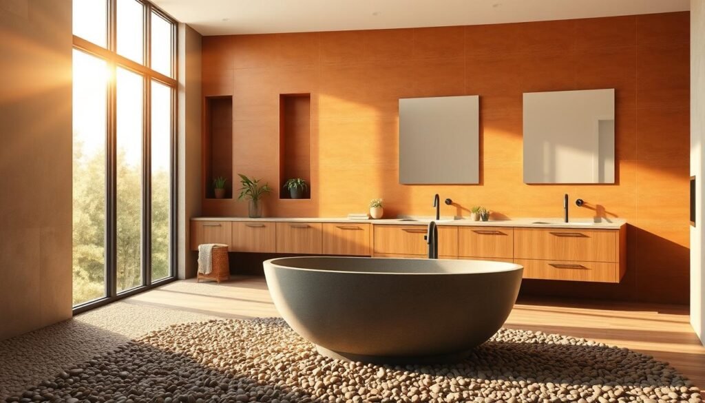 A modern bathroom with a minimalist, earthy design aesthetic. In the foreground, a freestanding bathtub made of smooth, organic stone sits atop a pebbled floor. Warm natural light streams in through large windows, casting a golden glow on the room. The middle ground features a double vanity with clean lines, its wood grain and matte black fixtures complementing the earthy tones. Recessed shelves hold potted plants, adding pops of greenery. In the background, a large, textured tile wall in shades of terracotta and ochre anchors the space, creating a grounded and calming atmosphere. Soft, diffused lighting and a neutral color palette blend modern comforts with a natural, grounded aesthetic.