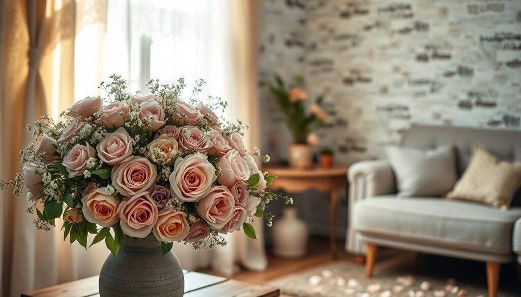 A romantic floral arrangement in a cozy, shabby chic living room. In the foreground, an overflowing bouquet of lush, pastel-hued flowers - garden roses, peonies, and delicate baby's breath - arranged in a vintage ceramic vase. The middle ground features a weathered wooden side table, its surface scattered with scattered petals. Soft, diffused lighting filters through sheer, lace-trimmed curtains, casting a warm, golden glow. In the background, a rustic whitewashed brick wall provides a simple, textured backdrop. The overall scene evokes a sense of timeless elegance and comfortable, lived-in charm.
