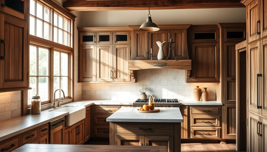 A rustic farmhouse kitchen featuring handcrafted cabinetry with distressed wood panels and iron hardware. Warm, natural lighting filters in through large windows, casting a cozy glow on the weathered shaker-style doors and drawers. The cabinetry is complemented by vintage-inspired accents like ceramic knobs and aged brass fixtures. A central island provides ample counter space and concealed storage solutions. The overall aesthetic evokes a timeless, lived-in charm that embodies the spirit of a classic American farmhouse.