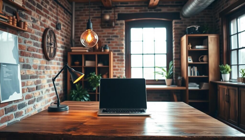 A rustic home office with a cozy, inviting atmosphere. In the foreground, a sturdy wooden desk holds a sleek laptop and a vintage-inspired lamp that casts a warm, ambient glow. Surrounded by natural textures like exposed brick walls and a wooden bookshelf, the space exudes a harmonious blend of technology and timeless charm. The large window in the background allows natural light to filter in, creating a serene and productive environment. Subtle hints of greenery, such as a potted plant, add a touch of life to the scene. The overall aesthetic is one of effortless integration, where modern tools and rustic accents come together to create a visually striking and functional home office.