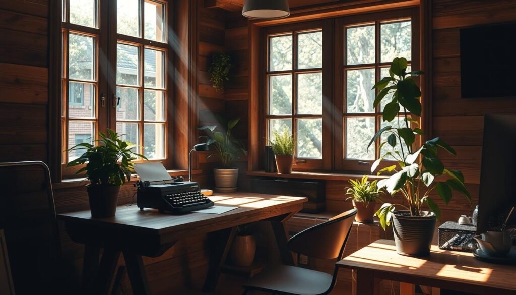 A rustic, sun-dappled workspace with natural wood tones and earthy textures. Warm, directional lighting streams through large, casement windows, casting soft shadows and highlights across a handcrafted desk, vintage typewriter, and lush potted plants. The space exudes a sense of tranquility and focused productivity, with a balance of organic elements and minimal, industrial accents. The composition emphasizes the interplay of light and shadow, drawing the viewer's eye to the cozy, well-appointed nook – a harmonious blend of modern and timeless design.