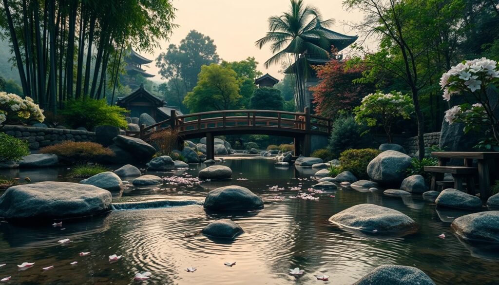 A serene Japanese-inspired zen garden with a tranquil water feature in the foreground. The centerpiece is a gently flowing stream or pond, surrounded by smooth rocks, lush greenery, and carefully placed boulders. Delicate cherry blossom petals float on the surface, casting soft reflections. In the middle ground, a wooden footbridge arches gracefully over the water, leading the eye deeper into the scene. The background is filled with verdant foliage, towering bamboo, and a distant pagoda silhouetted against a hazy, atmospheric sky. Warm, diffused lighting creates a sense of peaceful solitude, inviting the viewer to pause and meditate on the beauty of nature.