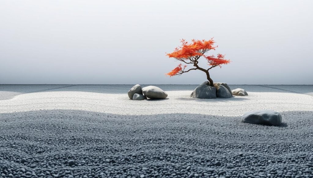 A serene Karesansui (dry landscape) garden design featuring a minimalist arrangement of raked gravel, carefully placed boulders, and a solitary Japanese maple tree. The garden is bathed in soft, diffused natural light, creating a tranquil, contemplative atmosphere. The gravel is sculpted into gentle waves, evoking the flow of water, while the boulders are strategically positioned to guide the viewer's gaze. The Japanese maple provides a striking pop of color and textural contrast against the monochromatic gravel. The scene is captured from a low angle, emphasizing the meditative, inward-looking nature of the design. The overall composition exudes a sense of balance, simplicity, and harmony, embodying the core principles of Zen garden aesthetics.