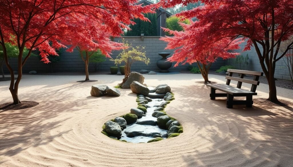 A serene Zen garden nestled in a tranquil backyard. A smooth raked sand expanse framed by meticulously pruned Japanese maple trees, their delicate crimson foliage swaying gently in the breeze. In the center, a small trickling stream flows over a bed of polished river stones, its calming melody inviting meditation. Carefully placed boulders and moss-covered rocks dot the scene, creating a sense of balance and harmony. The entire tableau is bathed in soft, diffused natural light, casting long shadows and imbuing the space with a contemplative ambiance. A wooden bench stands invitingly, beckoning the viewer to pause, breathe, and immerse themselves in the peaceful serenity of this tranquil Zen garden oasis.