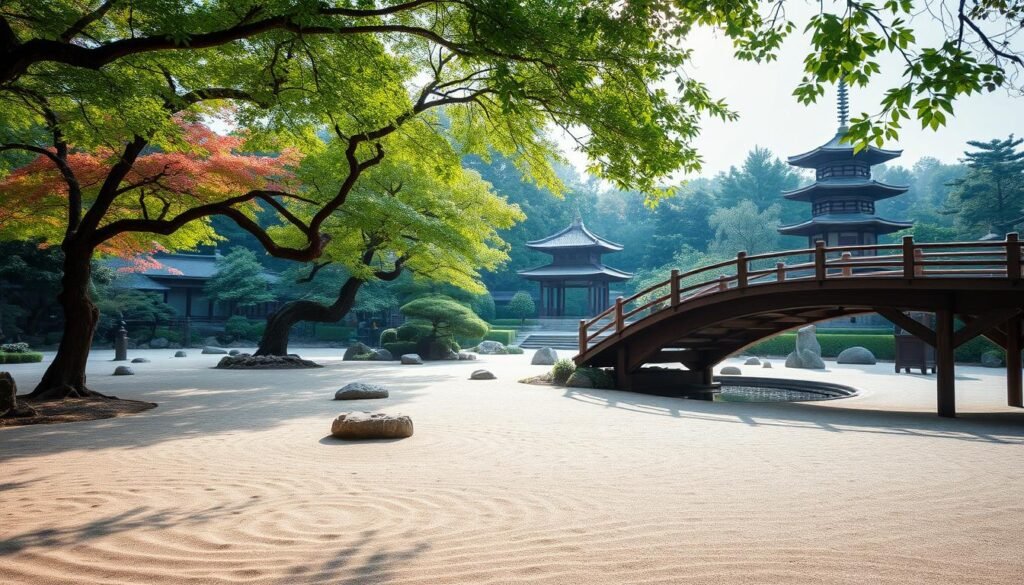 A serene Zen garden with a meticulously raked sand bed, punctuated by strategically placed boulders and a tranquil Japanese maple tree. In the foreground, a wooden bridge arches gracefully over a koi pond, its surface gently rippling. Soft, diffused natural lighting filters through a canopy of lush, verdant foliage, casting a warm, contemplative glow. In the distance, a traditional pagoda-style structure stands as a testament to the harmony between nature and architecture. The entire scene emanates a sense of balance, simplicity, and inner peace, embodying the core principles of Zen philosophy.
