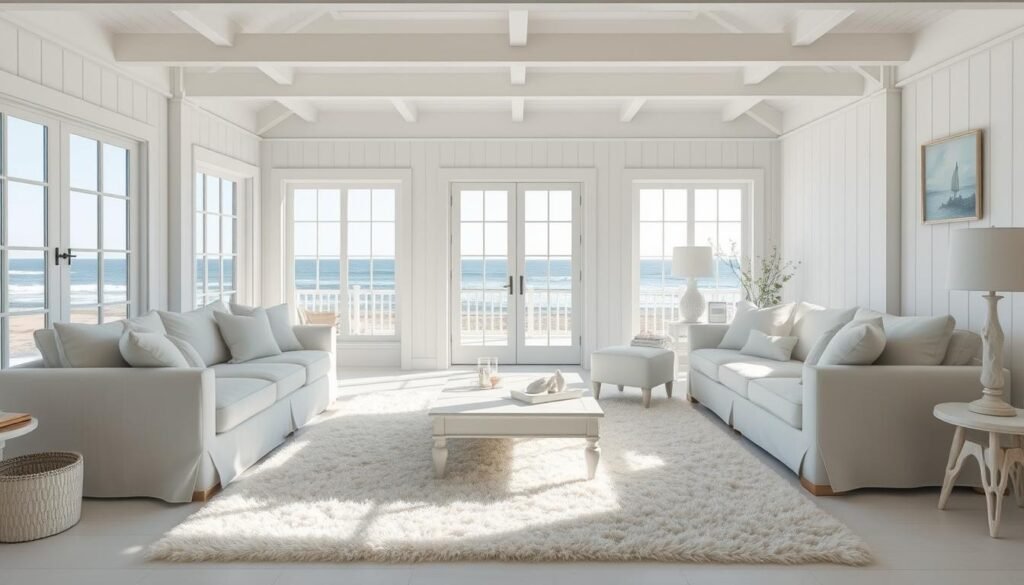 A serene all-white coastal living room bathed in natural light, with plush linen sofas, a fluffy area rug, and oversized windows framing a breathtaking ocean view. Crisp white shiplap walls and beamed ceilings create a soothing, airy atmosphere. Scattered throughout are subtle driftwood accents, a whitewashed coffee table, and delicate shell-inspired decor pieces. The space is illuminated by soft, even lighting, as if captured on a sunny afternoon with a wide-angle lens. An oasis of tranquility that embodies the essence of a calming, beach-inspired sanctuary.