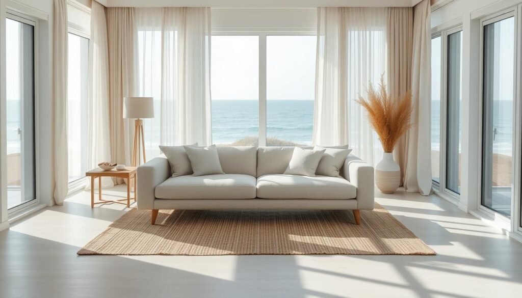 A serene and minimalist beach house living space, bathed in soft natural light filtering through large windows. A low, modern couch in neutral tones sits atop a textured natural fiber rug, complemented by sleek wooden side tables and a simple floor lamp. Wispy linen curtains frame the view, revealing a glimpse of the tranquil ocean beyond. Subtle coastal accents, such as driftwood-inspired decor and a few carefully placed seashells, add warmth and character to the space. The overall atmosphere is one of calm, clean-lined elegance, evoking the soothing ambiance of a beachfront retreat.
