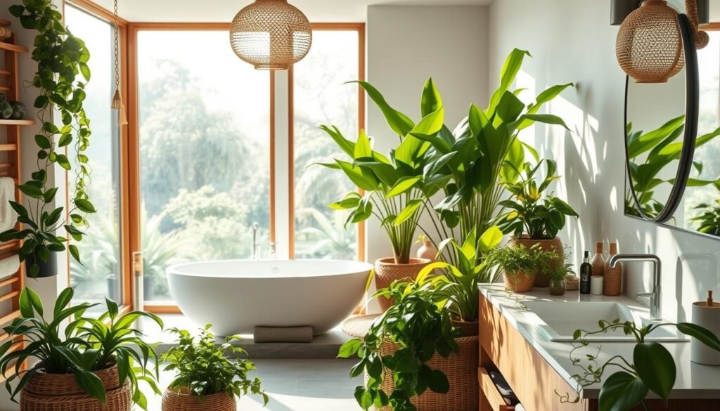 A serene bathroom interior, bathed in soft, natural lighting that filters through large windows. The foreground features a beautiful array of lush, verdant plants and potted greenery, their vibrant leaves and tendrils cascading gracefully across the vanity and windowsill. Midground showcases a sleek, minimalist bathtub integrated with natural stone or wood elements, creating a cohesive biophilic aesthetic. The background captures the tranquil view outside, perhaps a serene garden or a serene landscape, further enhancing the overall calming ambiance. Textures like rattan, woven baskets, and natural fibers accent the space, seamlessly blending the interior with the surrounding nature. The overall scene exudes a sense of harmony, wellness, and a deep connection to the natural world.