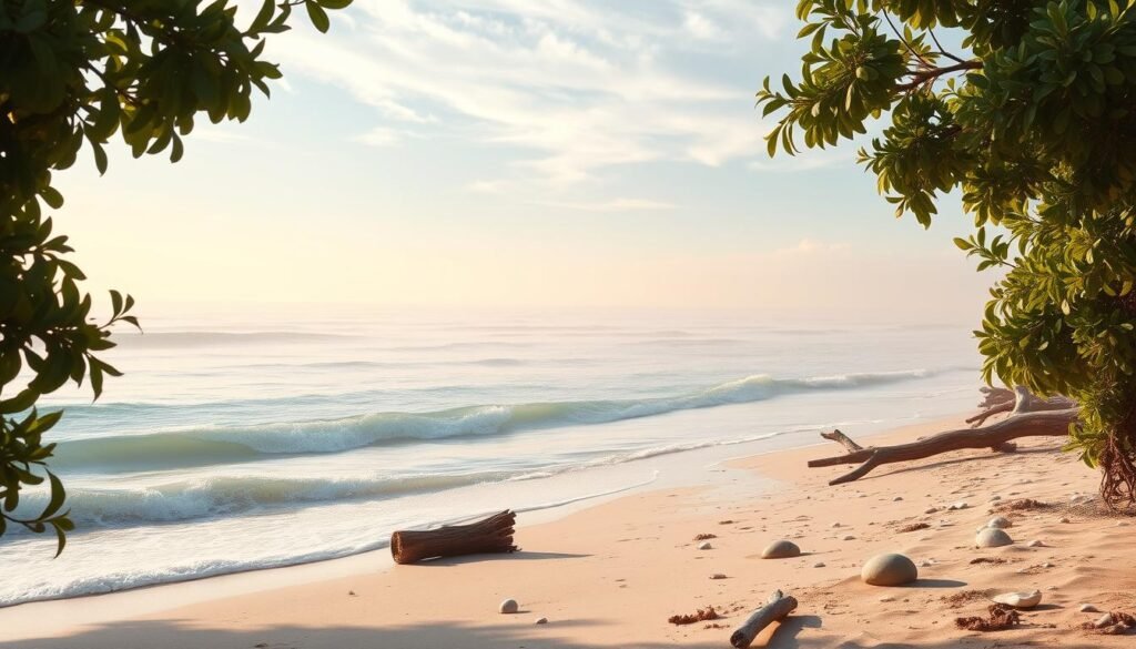 A serene coastal landscape with a soft, dreamy palette. Gently lapping waves in shades of turquoise and azure meet a sandy shore, where driftwood and shells lie scattered. The background features a pastel gradient of powder blue sky fading into a hazy horizon. Warm, golden sunlight filters through wispy clouds, casting a soothing glow over the scene. Lush, verdant foliage in shades of sage and olive frames the composition, hinting at the abundant natural beauty of the coastline. The overall mood is one of tranquility and the essence of coastal living.