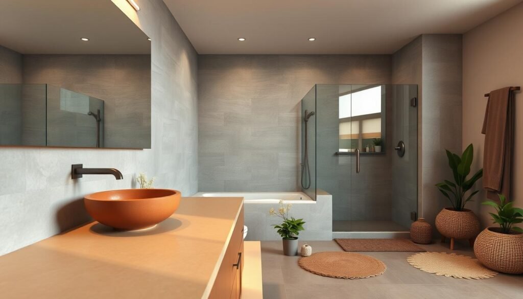 A serene, earth-toned bathroom with a soothing, natural ambiance. In the foreground, a vanity counter tops in warm, muted tones of beige and terracotta, accented by a vessel sink in a rich, earthy shade. Above, a large mirror reflects the calming, indirect lighting. In the middle ground, textured, stone-like wall tiles in soft shades of gray and taupe create a tranquil, organic backdrop. The background features a spacious, walk-in shower with a frameless glass enclosure, surrounded by subtle, nature-inspired accents like potted plants and natural fiber rugs. The overall mood is one of grounded, harmonious simplicity, evoking a sense of serene, earth-inspired wellness.