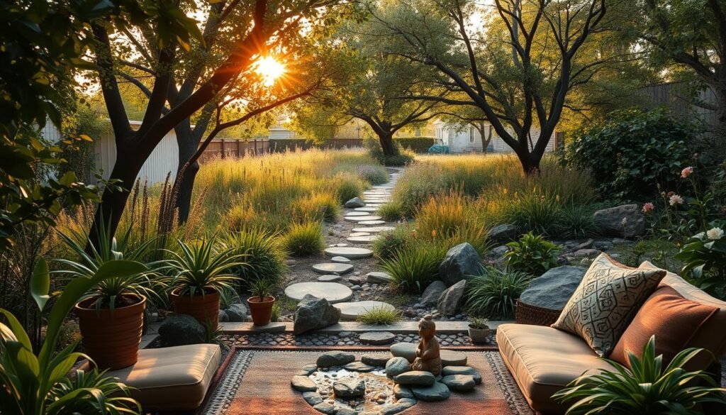 A serene meditation space nestled amidst a lush, boho-inspired backyard garden. In the foreground, a comfortable cushioned seating area surrounded by potted plants, crystals, and a small water feature that gently bubbles. Warm, natural lighting filters through the canopy of leafy trees in the middle ground, casting a peaceful ambiance. In the background, a winding path leads through a profusion of wildflowers, tall grasses, and scattered boulders, inviting further exploration of this tranquil oasis. The overall mood is one of grounding, mindfulness, and a harmonious connection with the natural world.