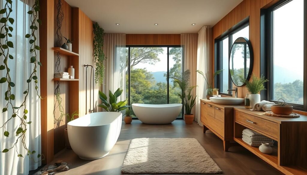 A serene natural bathroom sanctuary, with a freestanding bathtub nestled in a sunlit alcove. Warm wooden accents, such as a vanity and shelving, contrast with smooth river stones lining the floor. Trailing vines and lush potted plants cascade from the corners, evoking a tranquil, earthy ambiance. Soft, diffused lighting filters through sheer curtains, casting a gentle glow. A large window frames a picturesque outdoor view, blurring the boundaries between indoors and out. Plush textiles, like a fluffy rug and towels, invite a sensory experience of comfort and relaxation. An overall atmosphere of harmony, mindfulness, and renewal pervades the space.
