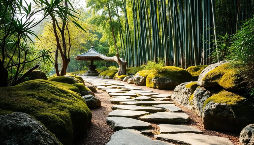 A serene stone pathway winds through a tranquil Zen garden, flanked by carefully curated moss-covered rocks and lush greenery. The path meanders gently, inviting the viewer to slow down and immerse themselves in the meditative atmosphere. Soft, natural lighting filters through the surrounding foliage, casting warm, gentle shadows that accentuate the textural details of the stones. The pathway's irregular, organic shape and uneven steps create a sense of movement and exploration, guiding the eye deeper into the serene landscape. Towering bamboo stands sway gently in the background, adding to the calming, contemplative mood. Overall, the image conveys a sense of harmony, balance, and deep connection with the natural world.