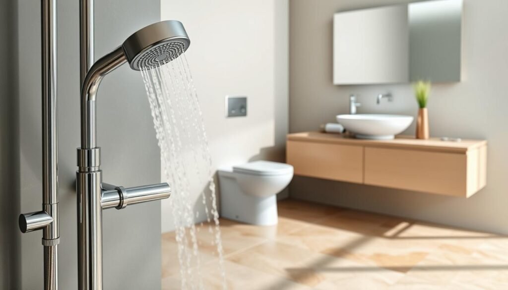 A sleek, modern bathroom featuring water-saving fixtures. In the foreground, a low-flow showerhead and a high-efficiency faucet with aerators gleam under soft, natural lighting. In the middle ground, a dual-flush toilet with a stylized, minimalist design stands atop a natural stone floor. The background showcases a wall-mounted sink with a water-saving basin, complemented by a large, frameless mirror that reflects the room's clean, eco-friendly aesthetic. The overall scene conveys a sense of sustainability and environmental consciousness, creating a visually appealing and practical bathroom space.