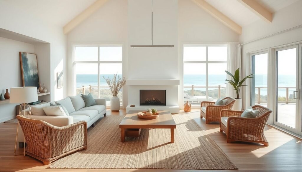 A spacious and airy contemporary coastal living room design, bathed in warm natural light filtering through large windows overlooking a picturesque oceanfront. A plush, comfortable L-shaped sofa upholstered in soft beige linen faces a minimalist white fireplace, with a low wooden coffee table and rattan armchairs creating a cohesive seating arrangement. Subtle coastal accents, such as driftwood-inspired side tables and a jute area rug, blend seamlessly with the room's muted color palette of blues, greens, and neutrals. Overhead, a sleek linear pendant light casts a gentle glow, complementing the overall tranquil and serene atmosphere.