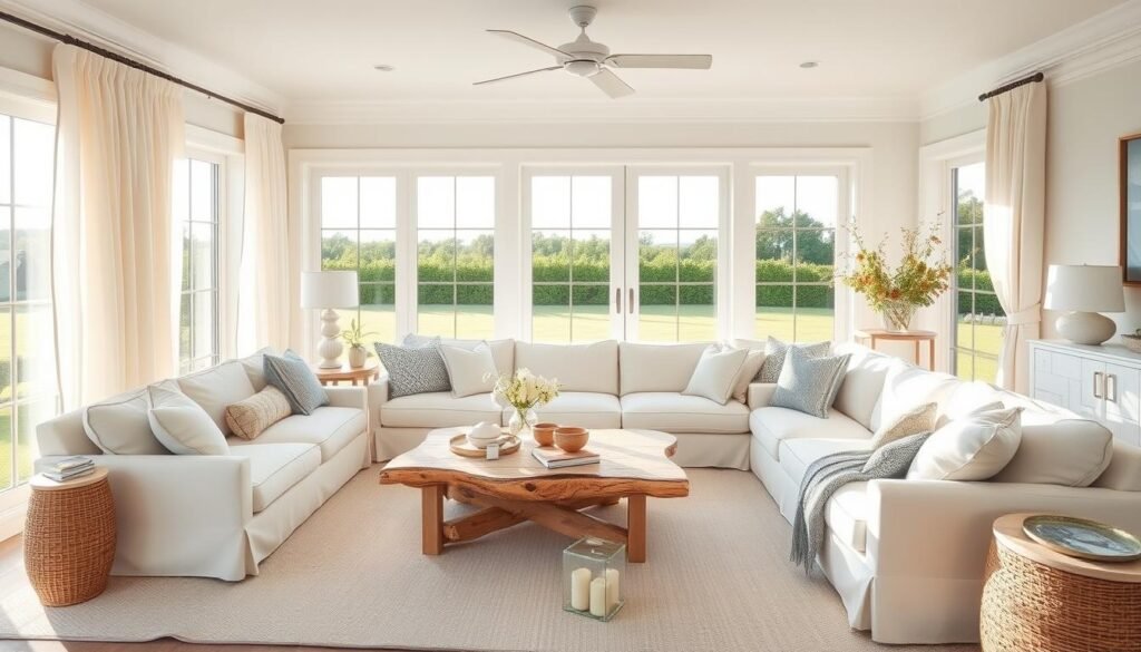 A spacious, sunlit living room in the signature Hamptons style. Soft, beachy hues of whites, blues, and grays create a calming, coastal ambiance. A plush, oversized sectional sofa in ivory linen faces a rustic, driftwood-inspired coffee table. Sheer, billowing curtains frame wide windows overlooking a lush, manicured lawn. Accents of woven textures, natural wood, and subtle nautical motifs complete the elegant, relaxed aesthetic. Diffused, golden-hour lighting filters through the space, casting a warm, inviting glow. A sense of refined, effortless sophistication evokes the serene, seaside charm of the Hamptons.