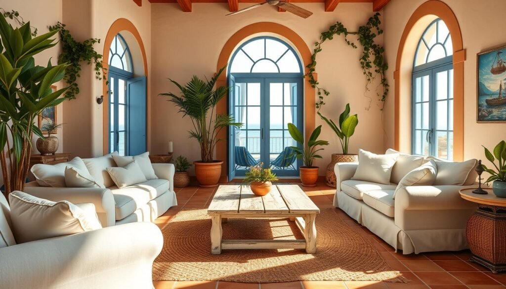 A sun-drenched Mediterranean coastal living room, adorned with terracotta tiles and accented by azure blue hues. Plush, overstuffed sofas in crisp white linen beckon, while a woven area rug in earthy tones anchors the space. Tall arched windows bathe the room in warm, golden light, casting a dreamy, tranquil atmosphere. Lush potted palms and trailing vines lend a touch of verdant vitality, complementing the serene, laid-back ambiance. A weathered, whitewashed wood coffee table stands as the central focus, surrounded by rustic, handcrafted furnishings that evoke the charm of a seaside villa. This inviting retreat transports the viewer to the sun-dappled coasts of the Mediterranean.