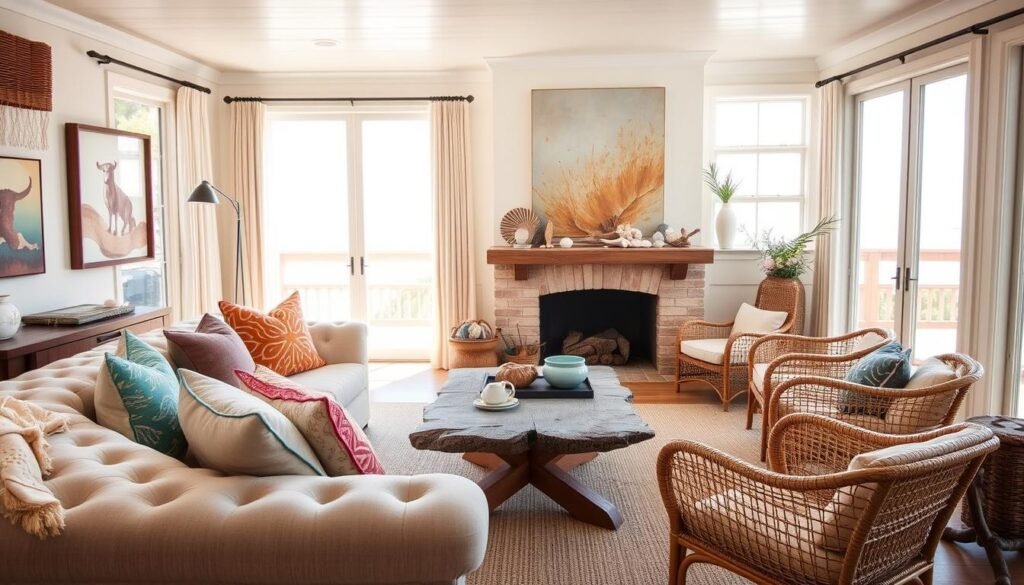 A sun-drenched coastal living room with an eclectic mix of textiles, natural materials, and vintage-inspired furnishings. In the foreground, a plush, tufted sectional sofa in a neutral tone, adorned with colorful throw pillows in varying patterns and textures. On the middle ground, a driftwood coffee table and a pair of rattan armchairs flank a cozy fireplace, its mantel decorated with seashells, driftwood, and a large, striking piece of abstract wall art. The background features large windows overlooking a serene ocean view, letting in warm, natural light that bathes the space in a soft, golden glow. The overall atmosphere is one of casual, yet sophisticated, beach-inspired living.