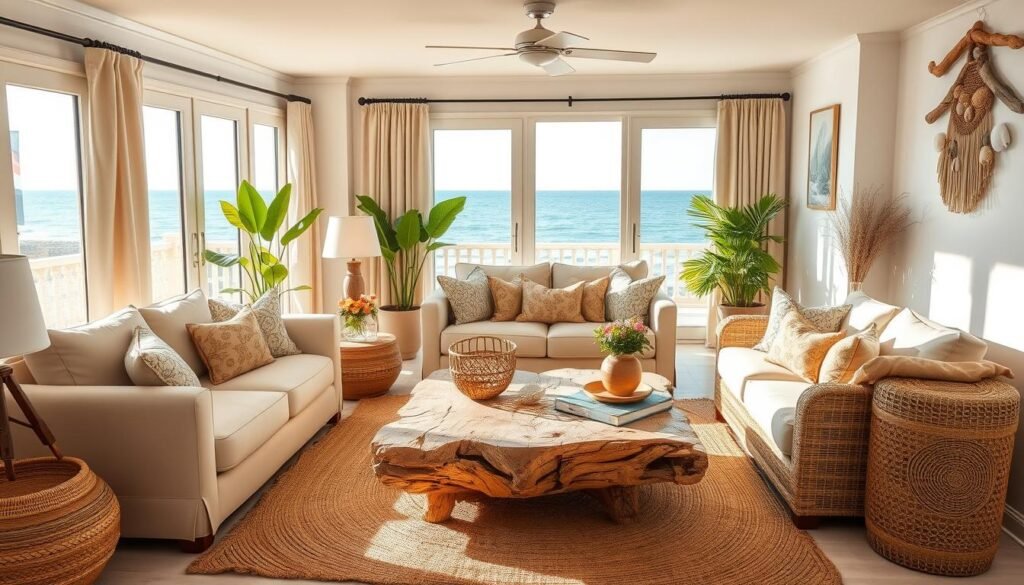 A sun-drenched coastal living room with warm, sandy hues and natural textures. Large windows overlooking a serene ocean vista, allowing soft natural light to filter in. Plush beige sofa and armchairs arranged around a weathered driftwood coffee table. Woven rattan accents, linen curtains, and a jute area rug creating a relaxed, beach-inspired ambiance. Potted plants and fresh flowers add pops of greenery, while a driftwood wall hanging and seashell décor complete the tranquil, seaside aesthetic. Capture the essence of effortless coastal living in this beautifully composed scene.