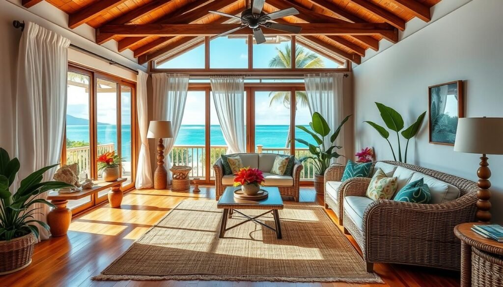 A sun-drenched tropical living room with lush greenery, rattan furnishings, and vibrant accent pieces. The space features large windows overlooking a sparkling azure ocean, framed by billowing sheer curtains. Warm hardwood floors are covered in a plush seagrass rug, while a low-slung wicker sofa and matching armchairs provide comfortable seating. Overhead, a rustic wood-beamed ceiling creates an airy, open feel. Decorative elements like coral sculptures, driftwood accents, and vibrant tropical flowers evoke a coastal haven. The room is illuminated by natural light and soft, diffused lighting, casting a serene, inviting ambiance.