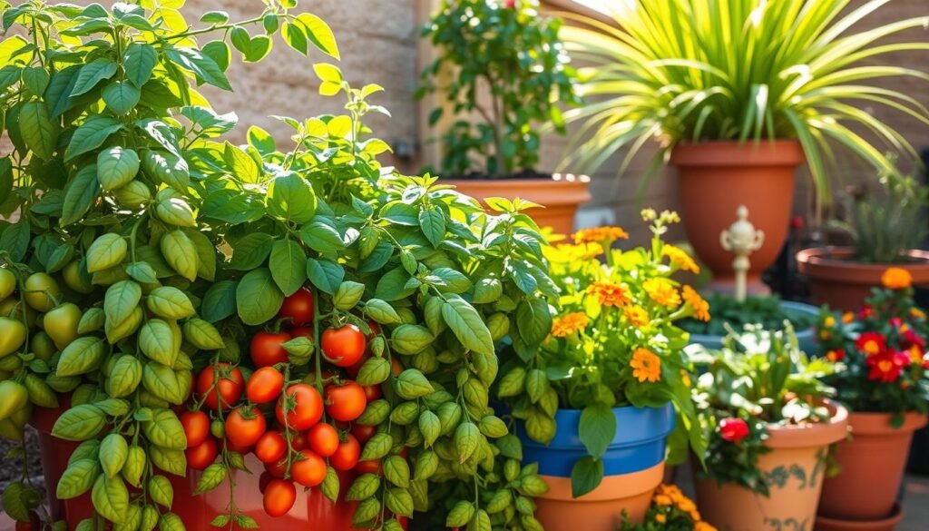 A thriving container garden with lush, verdant plants cascading from vibrant pots and planters. Sunlight filters through the leaves, casting a warm, golden glow. In the foreground, a variety of flourishing herbs, vegetables, and flowers - tomatoes, peppers, basil, marigolds - artfully arranged in a well-curated display. The middle ground showcases larger potted plants, perhaps a dwarf citrus tree or ornamental grasses, creating a sense of depth and layering. The background hints at a cozy patio or balcony setting, with a glimpse of earthy, textured walls or fencing. The overall scene emanates a feeling of abundance, tranquility, and the pride of successful container gardening.