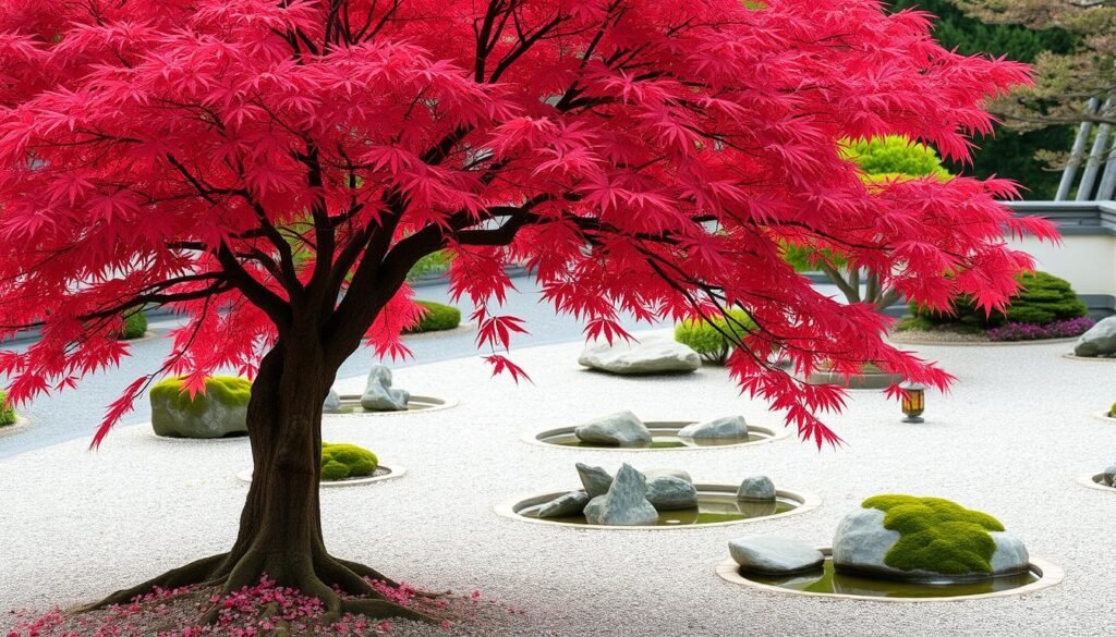 A tranquil Japanese maple tree stands tall in a meticulously maintained Zen garden, its delicate crimson leaves swaying gently in the soft, ambient light. The manicured gravel pathways wind through a serene landscape of carefully placed rocks, moss-covered boulders, and ornamental lanterns. A small, reflective pond mirrors the scene, creating a sense of balance and harmony. The overall atmosphere is one of profound stillness and contemplation, inviting the viewer to pause and immerse themselves in the peaceful ambiance of this captivating natural sanctuary.
