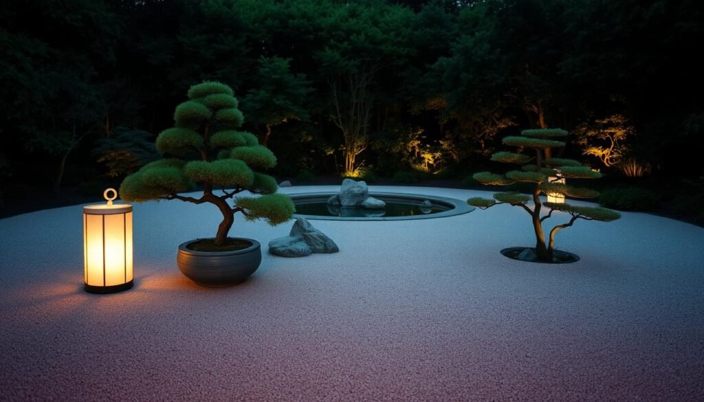 A tranquil Zen garden at dusk, gently illuminated by strategically placed lanterns and accent lighting. The foreground features a smooth, raked gravel path winding through a minimalist arrangement of carefully pruned bonsai trees and rock formations. Soft, diffused light emanates from paper-covered lanterns situated along the pathway, casting a warm, inviting glow. In the middle ground, a small, still pond reflects the tranquil scene, its surface broken only by the occasional drift of a koi fish. The background is composed of lush, verdant foliage, creating a sense of seclusion and peace. The overall atmosphere is one of serene contemplation, inviting the viewer to slow down, breathe deeply, and immerse themselves in the calming ambiance of this Zen-inspired outdoor space.