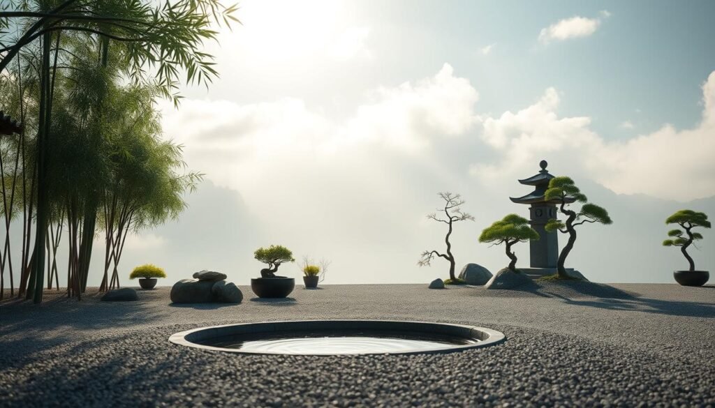 A tranquil Zen garden landscape, with a minimalist stone pagoda and water feature in the foreground. Delicate bamboo groves and sculpted bonsai trees frame the scene, casting soft shadows on the meticulously raked gravel. Diffused natural sunlight filters through wispy clouds, creating a serene, contemplative atmosphere. The composition emphasizes simplicity, balance, and the harmonious integration of natural elements. Camera angle is slightly elevated, capturing the serene garden from an elevated perspective.