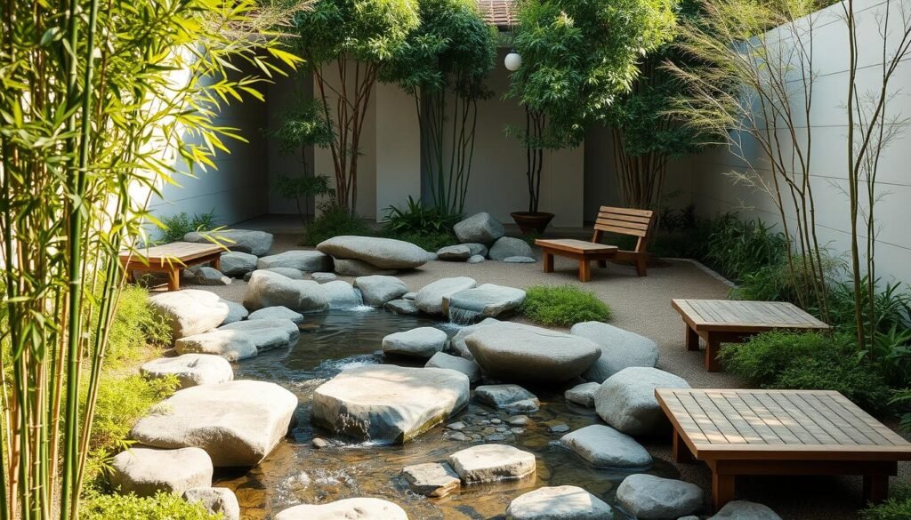A tranquil Zen-inspired garden oasis, featuring smooth river rocks, a trickling water feature, and minimalist wooden seating areas arranged in a thoughtful layout. Soft natural lighting filters through the lush greenery, casting gentle shadows and creating a sense of calm contemplation. The scene evokes a serene, meditative atmosphere, inviting visitors to sit, relax, and disconnect from the outside world. Wispy bamboo stalks sway gently in the breeze, complementing the simple, organic aesthetic. The overall composition emphasizes balance, harmony, and a reverence for the beauty of nature.
