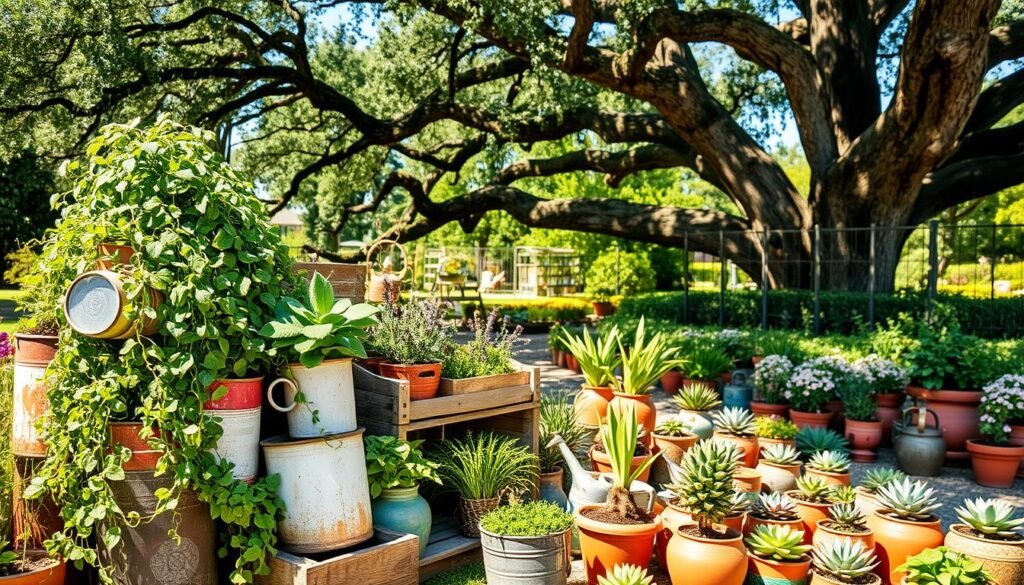 A vibrant display of repurposed planters and vintage finds nestled in a sun-dappled garden. In the foreground, an eclectic arrangement of upcycled containers - rusty tin cans, chipped enamel pots, and weathered wooden crates - overflow with a lush cascade of trailing vines and fragrant herbs. The midground features a patchwork of mismatched terracotta pots, each housing a unique succulent or flowering plant. Dappled sunlight filters through the canopy of a mature oak tree, casting a warm, bohemian glow over the scene. In the background, glimpses of weathered garden trellises and antique watering cans hint at the overall rustic, bohemian aesthetic. The overall atmosphere is one of effortless, sustainable charm.