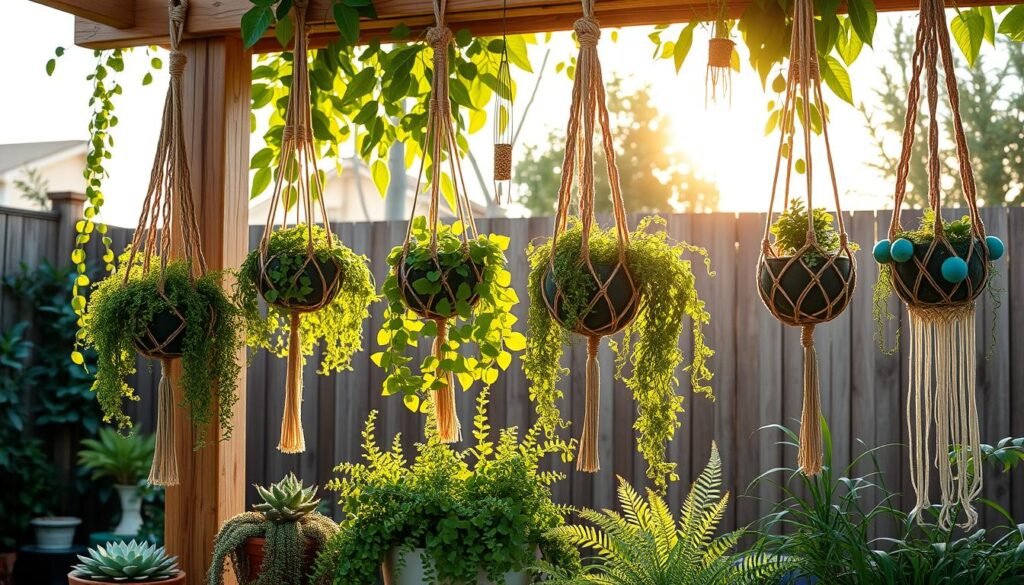 A vibrant, macramé-adorned backyard oasis. Intricate, bohemian-inspired plant hangers suspend lush, trailing greenery from a natural wooden beam, casting gentle shadows across the scene. Warm, golden sunlight filters through the leaves, illuminating the rich textures of the knotted macramé. In the foreground, a variety of potted plants - succulents, ferns, and trailing vines - sit nestled among the hanging arrangements, creating a layered, verdant display. The overall mood is one of tranquility and rustic charm, inviting the viewer to imagine themselves relaxing in this cozy, nature-infused corner of the backyard.