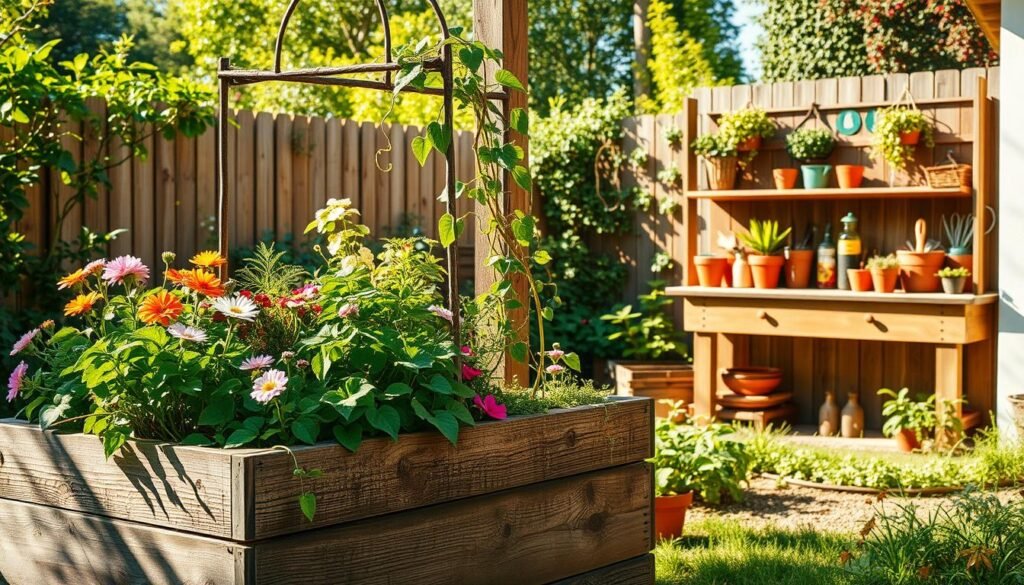 A vibrant, sun-dappled backyard filled with an array of DIY garden projects. In the foreground, a rustic wooden planter overflowing with lush greenery and colorful flowers. In the middle ground, a hand-crafted trellis supporting a thriving vine, its tendrils reaching towards the sky. In the background, a charming potting bench adorned with terracotta pots and gardening tools. The scene is bathed in warm, golden light, evoking a sense of tranquility and joy. The overall composition showcases the creativity and ingenuity of DIY garden projects, inspiring the viewer to embrace their own green-fingered endeavors. A vibrant, sun-dappled backyard filled with an array of DIY garden projects. In the foreground, a rustic wooden planter overflowing with lush greenery and colorful flowers. In the middle ground, a hand-crafted trellis supporting a thriving vine, its tendrils reaching towards the sky. In the background, a charming potting bench adorned with terracotta pots and gardening tools. The scene is bathed in warm, golden light, evoking a sense of tranquility and joy. The overall composition showcases the creativity and ingenuity of DIY garden projects, inspiring the viewer to embrace their own green-fingered endeavors.