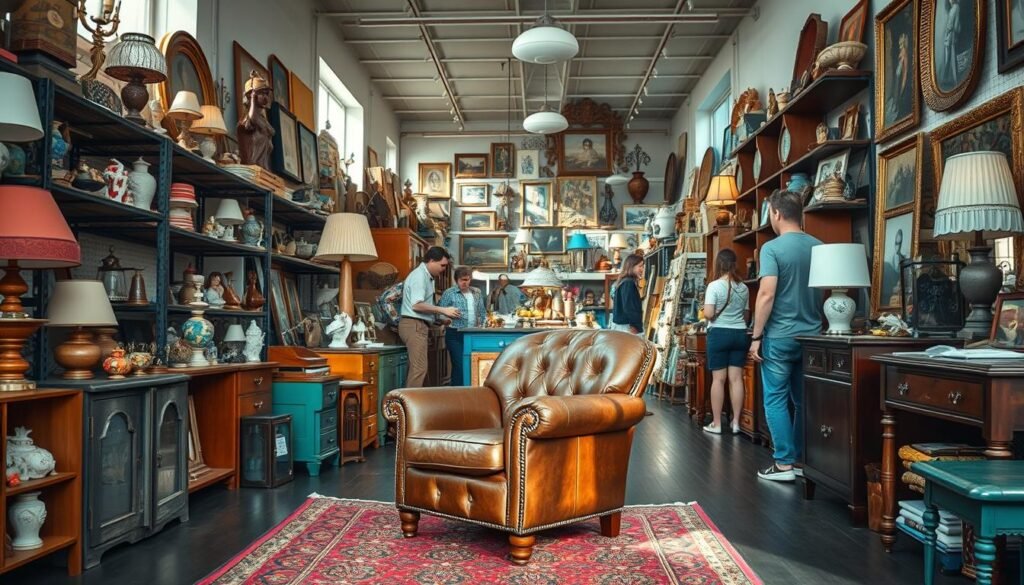 A vibrant thrift store interior, softly lit by natural light filtering through large windows. On the shelves, an eclectic assortment of vintage lamps, ceramic figurines, framed art, and repurposed furniture pieces in a range of styles and eras. In the foreground, a well-worn leather armchair sits atop a colorful patterned rug, inviting exploration. Shoppers browse the aisles, examining the unique treasures with a keen eye. The space has a sense of timeless charm and possibility, hinting at the stories each item could tell. An atmosphere of discovery and creative potential permeates the scene.