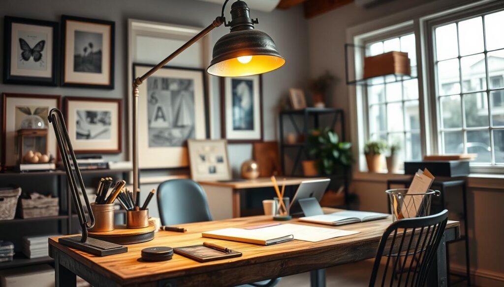 A weathered metal desk lamp illuminates a cozy home office, casting a warm glow over the space. The desk features a rustic, industrial-chic design, with a metal frame and a distressed wooden top. Scattered across the desk are various accents, including a metal pen holder, a metal-framed bulletin board, and a metal desk organizer. The walls are adorned with a mix of framed artwork and metal shelving units, creating a harmonious blend of textures and materials. The lighting is a mix of natural sunlight filtering through large windows and the warm, soft illumination of the desk lamp. The overall atmosphere is one of relaxed productivity, with the weathered metal elements adding a touch of vintage charm to the modern home office design.