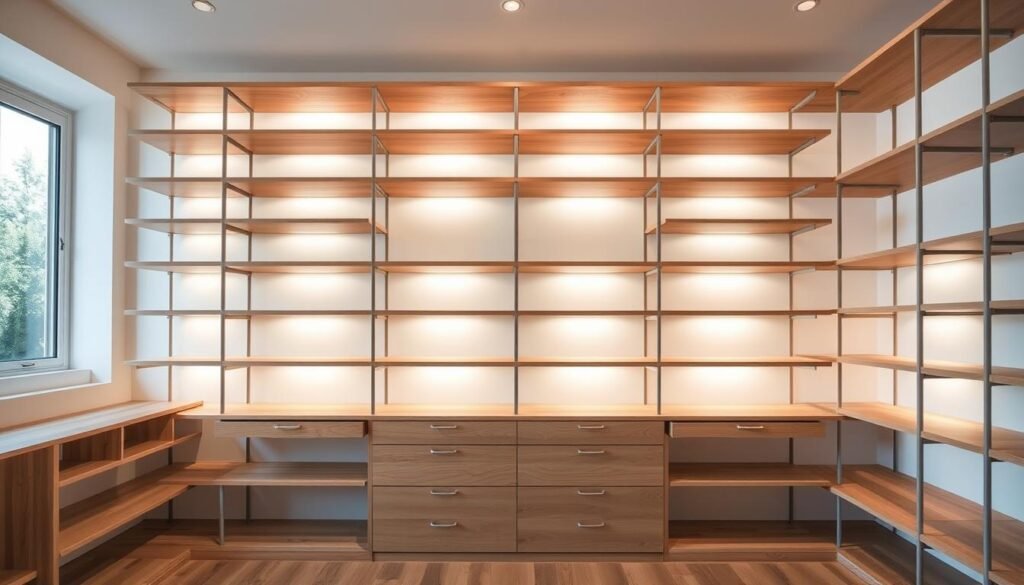 A well-designed, modular shelving system with clean, minimalist lines and a neutral color palette. The shelves are made of sleek, engineered wood, arranged in a symmetrical, modular configuration that can be easily customized and reconfigured to suit any space. The shelves are illuminated by soft, diffused lighting from above, creating a warm, inviting atmosphere. The shelving is positioned in a bright, airy room with large windows, allowing natural light to flood the space. The overall impression is one of simplicity, functionality, and flexibility - the perfect solution for streamlining and organizing any closet or living space.