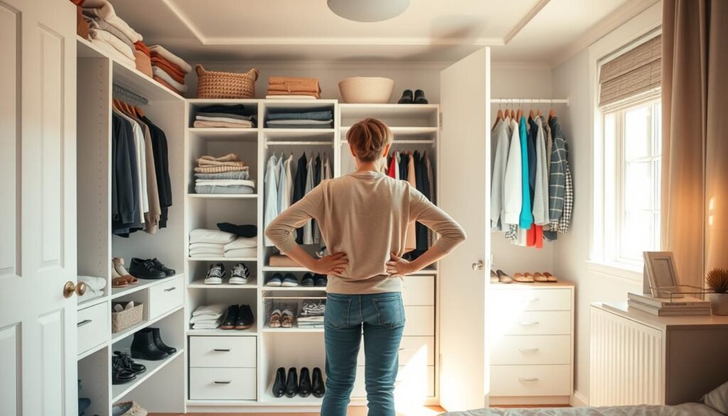 A well-lit, airy bedroom closet with an open door, revealing the contents inside. In the foreground, a person stands, hands on hips, carefully evaluating the organization and storage solutions within. Sunlight streams in through a nearby window, casting a warm, inviting glow over the scene. Shelves, drawers, and hangers are visible, each holding an assortment of neatly folded clothes, shoes, and accessories. The overall atmosphere is one of thoughtful consideration, as the person thoughtfully plans their closet organization strategy.