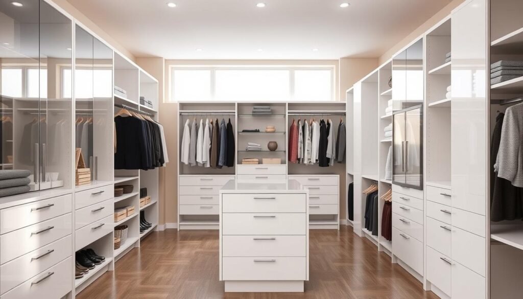 A well-lit, contemporary home interior with an impeccably organized walk-in closet. The foreground features a range of modular shelving units, drawers, and rods in a sleek, minimalist design, allowing for efficient storage and display of clothing, accessories, and linens. In the middle ground, a central island unit provides additional surface space and integrated drawers. The background showcases a serene, neutral-toned palette with abundant natural lighting filtering in through large windows, creating a calming and inviting atmosphere. High-quality, glossy materials and a harmonious color scheme convey a sense of sophistication and organization. The overall composition emphasizes the functionality, versatility, and aesthetic appeal of the optimal closet organizing system.