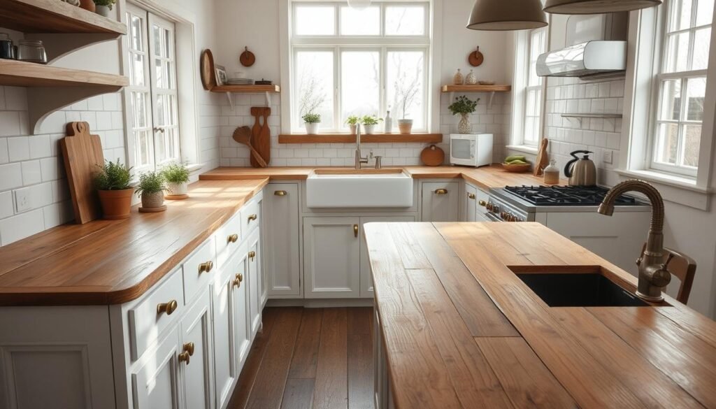 A well-lit farmhouse kitchen with rustic wooden countertops, a white subway tile backsplash, and natural light streaming in through large windows. The countertops have a weathered, distressed appearance, complementing the overall farmhouse aesthetic. Brass or copper hardware gleams against the light-colored wood, adding a touch of warmth. The countertops extend to a central island, providing ample preparation space. Potted herbs or a small vase of fresh flowers add a touch of natural greenery, completing the inviting and cozy atmosphere of this beautiful farmhouse kitchen.