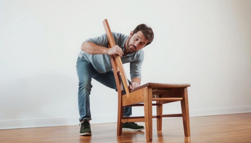 A well-lit, high-resolution image of a person carefully examining and evaluating the quality of a secondhand wooden chair, placed on a hardwood floor against a plain white wall. The chair is positioned at a slight angle, allowing for a clear view of its construction, materials, and overall condition. The person is leaning in, closely inspecting the chair's joints, hardware, and any signs of wear or damage, with a thoughtful, analytical expression on their face. The lighting is soft and natural, casting subtle shadows that highlight the chair's texture and details. The image conveys a sense of focused, methodical assessment, reflecting the careful process of evaluating secondhand furniture for its quality and potential.