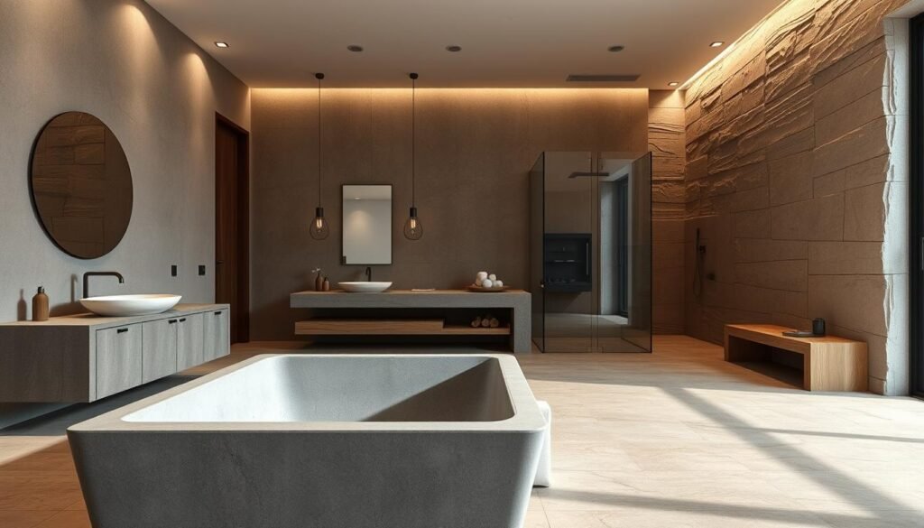 A well-lit, spacious bathroom with natural stone elements. In the foreground, a large, rectangular bathtub with a matte gray, textured finish, sitting atop a smooth, polished stone floor in earthy tones. The middle ground features a vanity with a thick, slab-like stone countertop, complemented by minimalist fixtures and natural wood accents. In the background, a tall, glass-enclosed shower area with a rough-hewn stone wall, allowing the natural variations and striations of the material to take center stage. Soft, diffused lighting from recessed ceiling fixtures casts a warm, inviting glow, accentuating the organic qualities of the space. The overall atmosphere exudes a sense of grounded tranquility and understated luxury.