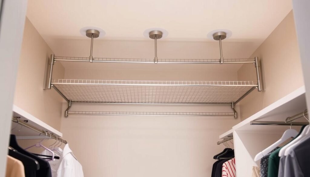 A well-lit, spacious closet interior with a multi-tiered hanging system prominently displayed. The system features several sturdy metal racks or bars suspended at varying heights, allowing for efficient storage and organization of clothing, accessories, and other items. The racks are arranged in a symmetrical, visually appealing manner, with a sense of balance and proportion. The closet walls are painted a neutral, calming color, providing a clean backdrop that showcases the functional yet stylish storage solution. Soft, diffused lighting illuminates the scene, casting a warm, inviting ambiance. The overall composition emphasizes the practicality and elegance of the multi-tiered hanging system, highlighting its ability to streamline and maximize closet space.