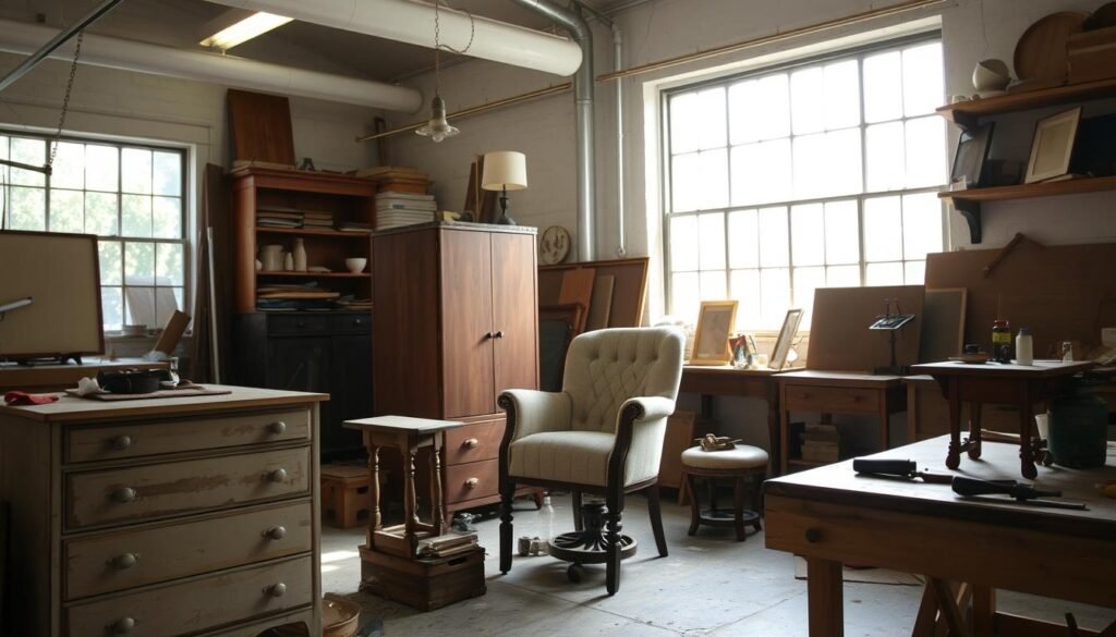 A well-lit workshop, with sunlight streaming through large windows. Secondhand furniture pieces in various stages of restoration - an old dresser being sanded, a weathered chair being carefully reupholstered, and a side table being refinished with a warm, wood stain. Vintage tools and supplies are neatly arranged on workbenches, creating a sense of organized creativity. The focus is on the process, with the craftsperson's hands delicately bringing new life to these forgotten treasures. The atmosphere is one of quiet concentration, a labor of love that transforms discarded items into unique, sustainable home decor.