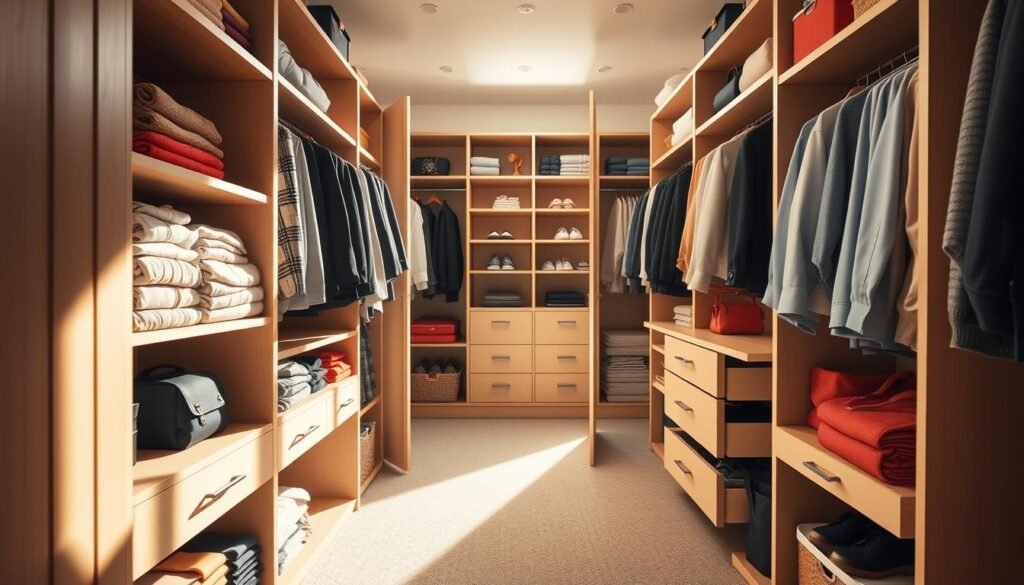 A well-organized closet, bathed in warm, natural light, showcases the benefits of optimal storage solutions. In the foreground, neatly folded clothes and color-coordinated accessories convey a sense of calm and control. In the middle ground, custom shelving and drawers allow for efficient organization, while the background reveals a spacious, clutter-free environment. The overall scene evokes a streamlined, serene atmosphere, hinting at the transformative impact of a thoughtfully designed closet on one's daily routine.