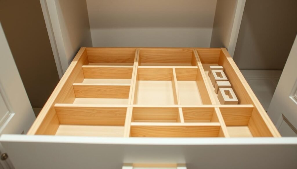 A well-organized custom drawer organizer system, with various sized compartments and dividers, neatly arranged in a clean, bright, and modern-looking bedroom closet. The organizers are made of natural wood or wood-like material, with a light, minimalist aesthetic. Soft, directional lighting from above casts an even glow, highlighting the refined details and textures of the organizers. The camera angle is slightly elevated, providing a clear, unobstructed view of the organized drawers. The overall mood is one of efficiency, simplicity, and a sense of calm control over one's living space.