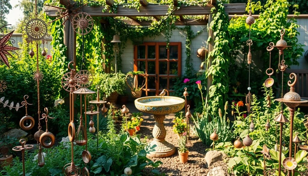 A whimsical, handcrafted garden oasis filled with unique, one-of-a-kind art pieces. In the foreground, an assortment of intricate metal sculptures and wind chimes sway gently in the breeze, their delicate shapes and textures catching the warm sunlight. In the middle ground, a mosaic-tiled birdbath stands as a focal point, surrounded by lush, flowering plants and herbs. In the background, a wooden arbor is draped with trailing vines, creating a sense of depth and enclosure. The overall scene conveys a rustic, bohemian atmosphere, inviting exploration and imagination. Soft, diffused lighting illuminates the scene, highlighting the organic, handmade quality of the garden art.