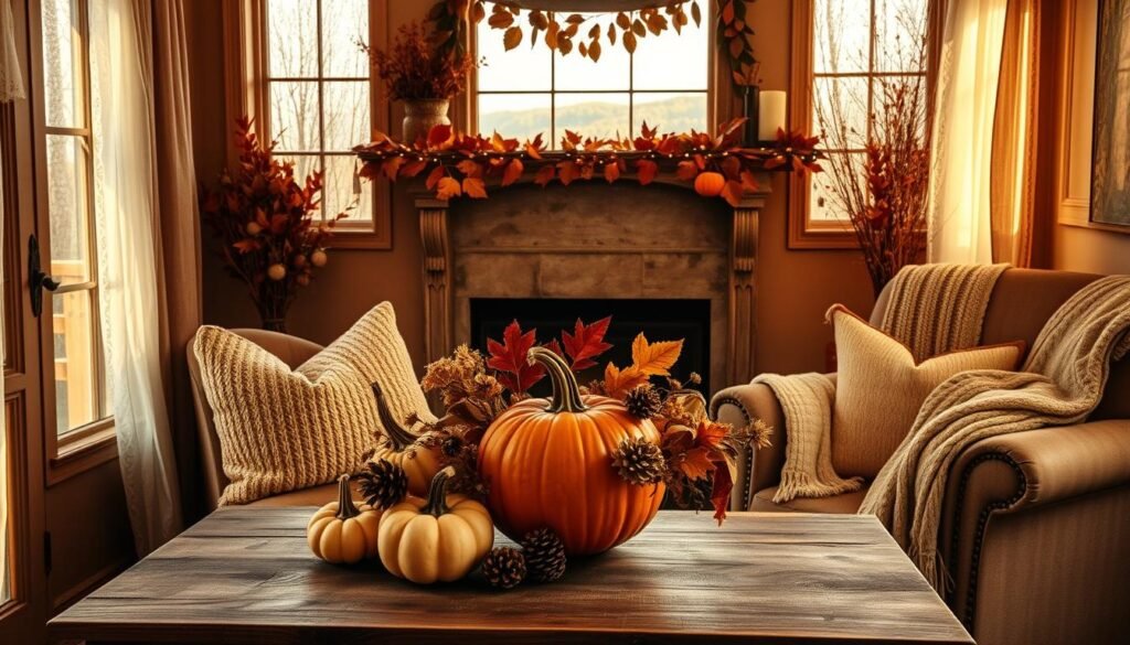 An inviting tableau of fall transition decor, bathed in warm, golden light filtering through lace curtains. In the foreground, a rustic wooden table displays an artful arrangement of pumpkins, dried florals, and pinecones. Textured throw pillows and a cozy knit blanket on a weathered armchair create a welcoming atmosphere. In the middle ground, a mantel adorned with a garland of autumnal leaves and twinkling fairy lights casts a soft, ambient glow. Beyond, the view opens to a scenic landscape of changing foliage, hinting at the season's shift. The overall mood is one of comfort, coziness, and a sense of anticipation for the coming months.