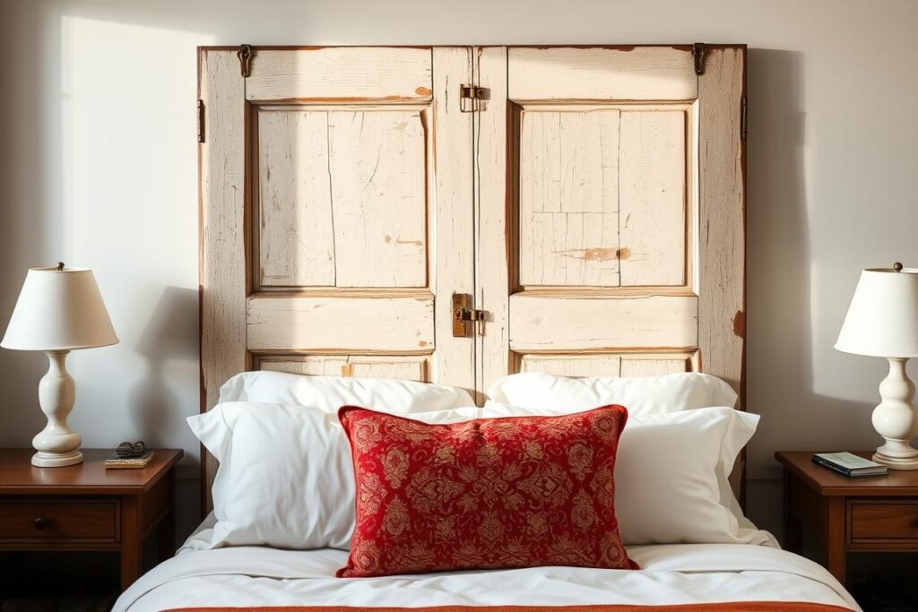 Antique door repurposed as a unique headboard
