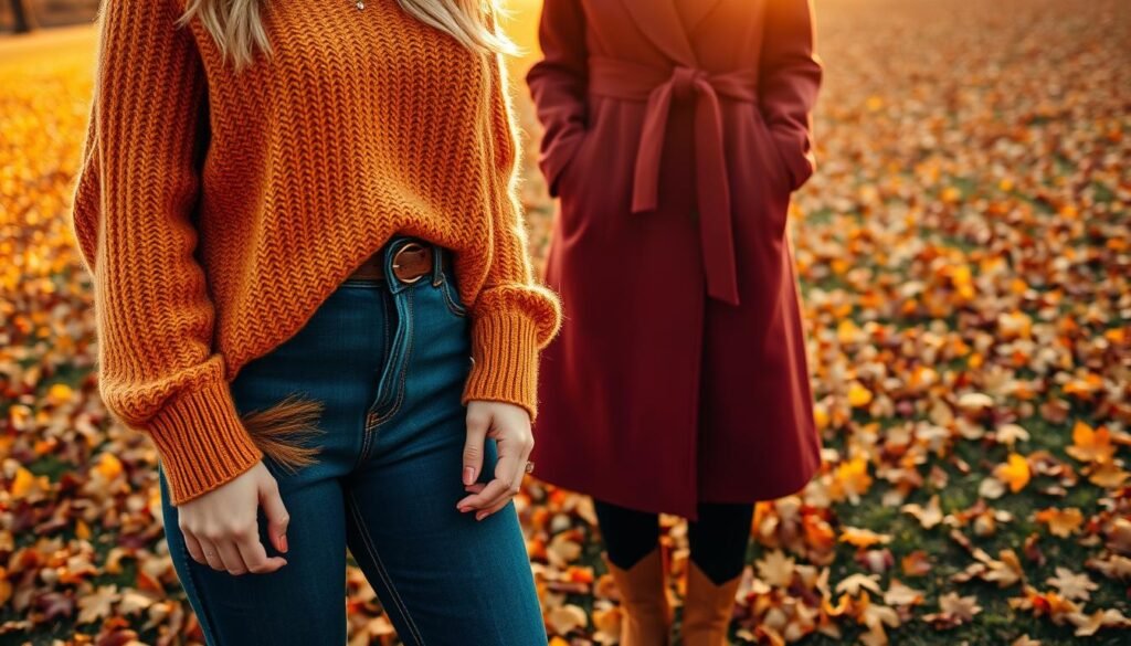 Autumn wardrobe, a cozy collection of knits, plaid, and leather. In the foreground, a soft sweater in a warm mustard hue, paired with high-waisted jeans and suede ankle boots. In the middle ground, a tailored wool coat in a rich burgundy, cinched at the waist. In the background, a scattering of fallen leaves in shades of gold and crimson, illuminated by the soft, golden light of a setting sun. The scene evokes a sense of comfort and nostalgia, a perfect reflection of the season's embrace.