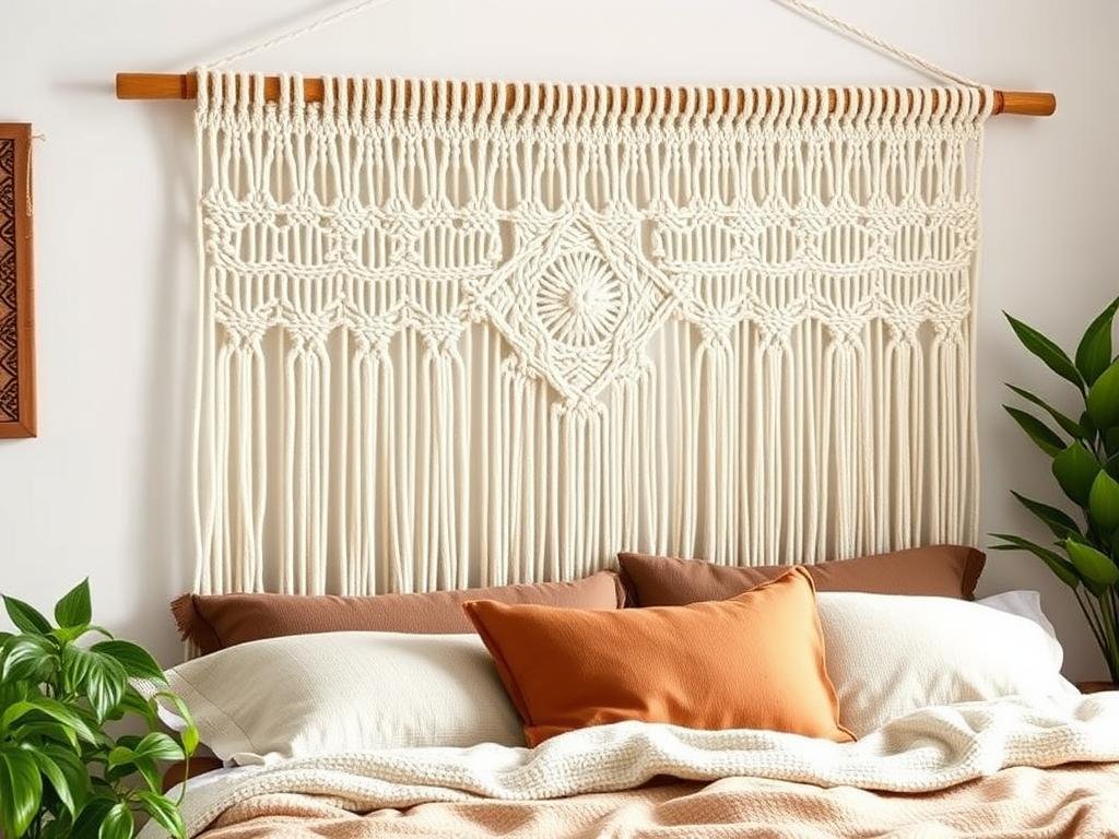 Bohemian macramé headboard with wooden dowel